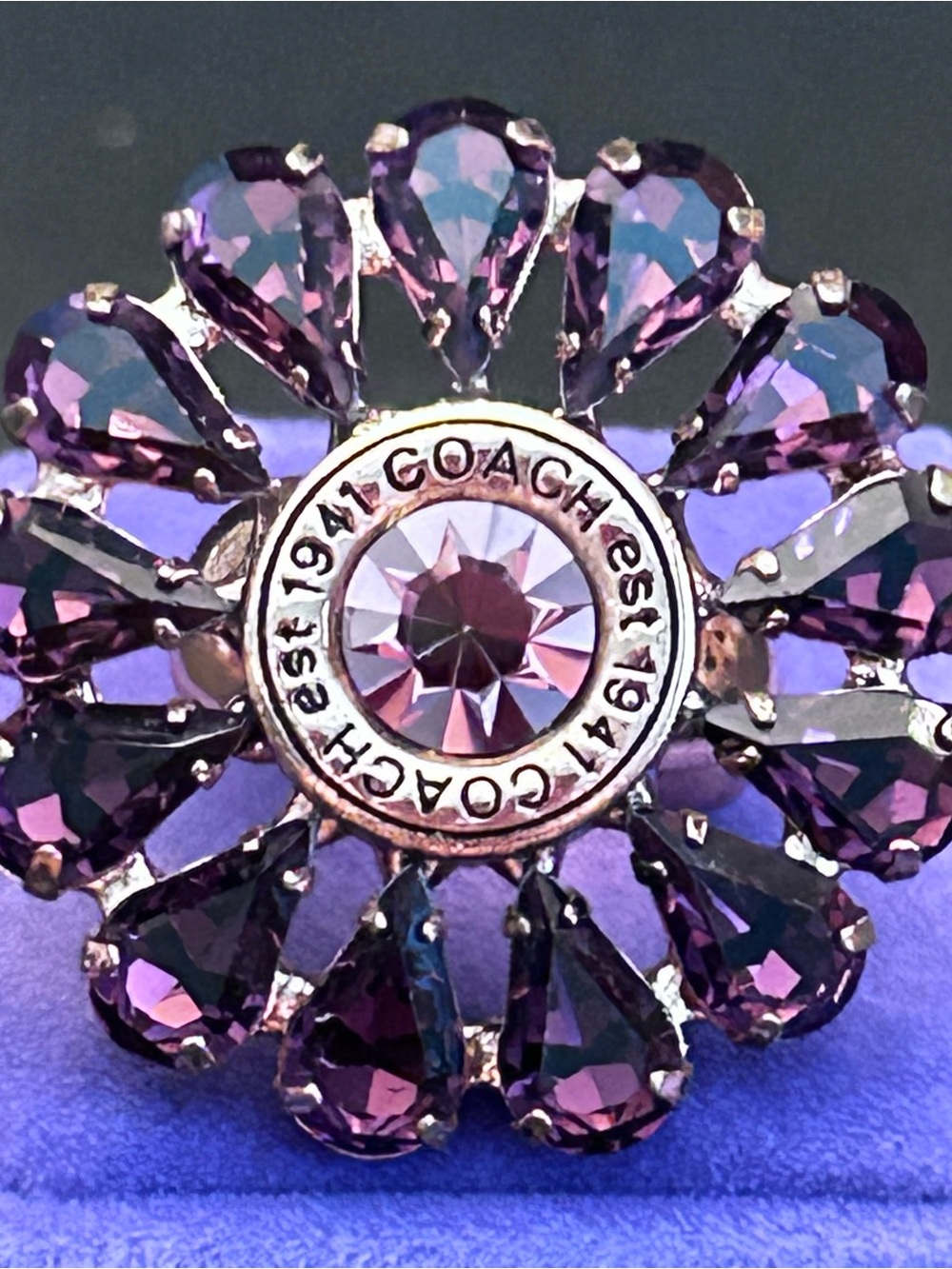 COACH 1941 Flower Cocktail Ring Rose Gold w/Purple-Pink Rhinestone Petals RARE